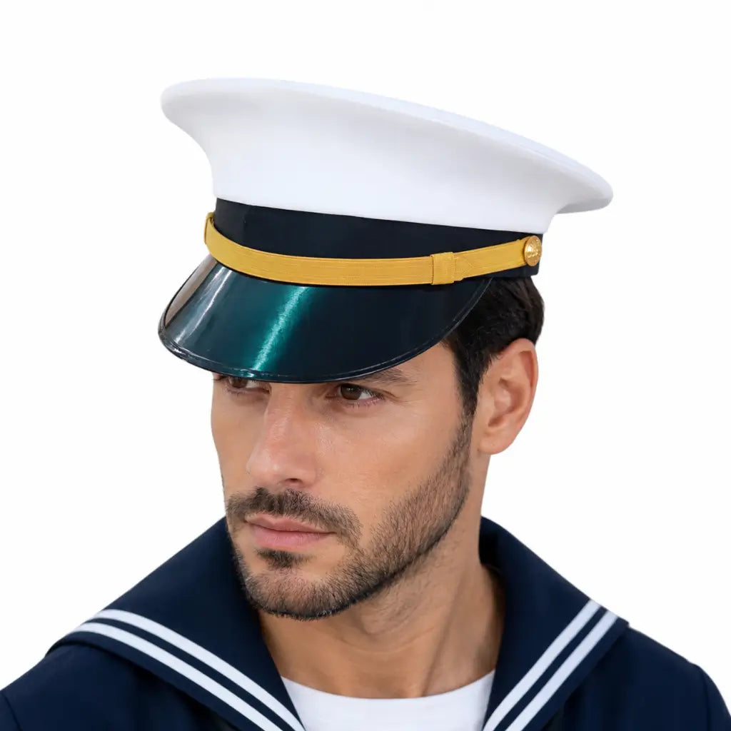 Capa Branca Quepe Masculino Marinha no quepe branco com aba verde e faixa amarela