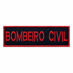 Emblema retangular preto com borda vermelha e texto BOMBEIRO CIVIL em destaque