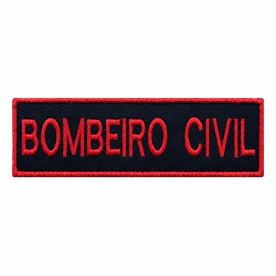 Emblema retangular preto com borda vermelha e texto BOMBEIRO CIVIL em destaque