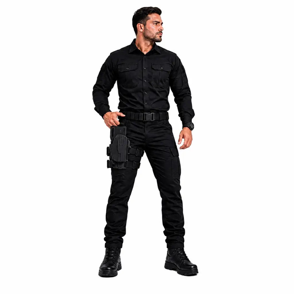 Homem de uniforme tático preto com Coldre Bélica Evolution Speed Mid-Ride no cinto
