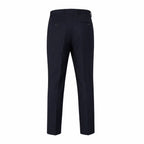 Calça masculina azul-marinho, vista traseira com dois bolsos traseiros com botão
