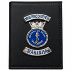 Carteira Marinha Preta com emblema circular azul, âncora e Marinha do Brasil