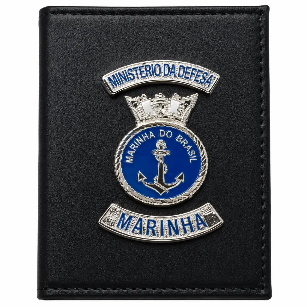 Carteira Marinha Preta com emblema circular azul, âncora e Marinha do Brasil