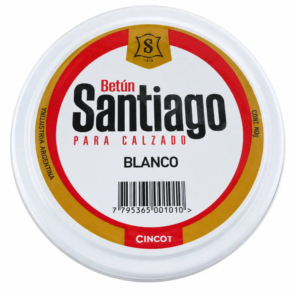 Lata redonda de betume Santiago Branco com rótulo branco, código de barras.