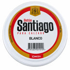 Lata redonda de betume Santiago Branco com rótulo branco, código de barras.