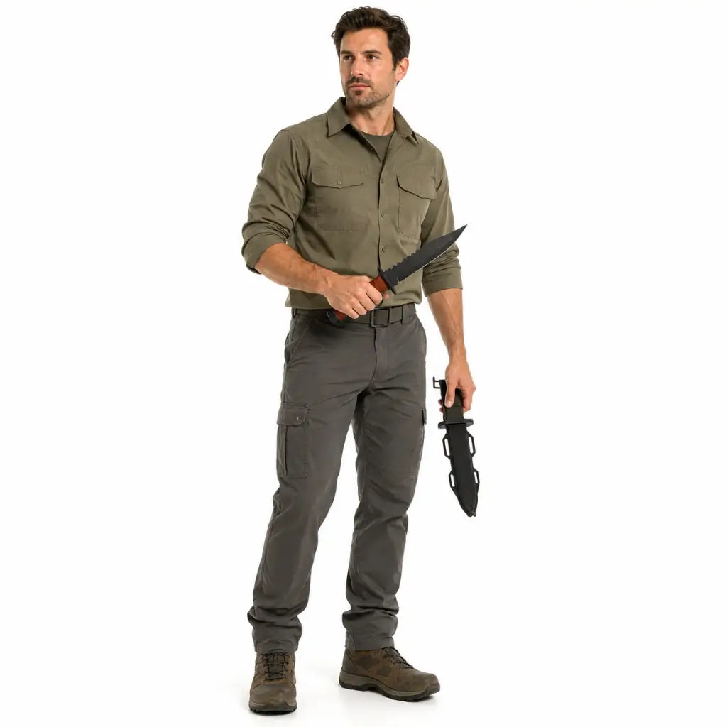 Homem em fundo branco com camisa verde, segurando Belica Faca Trincheira e bainha