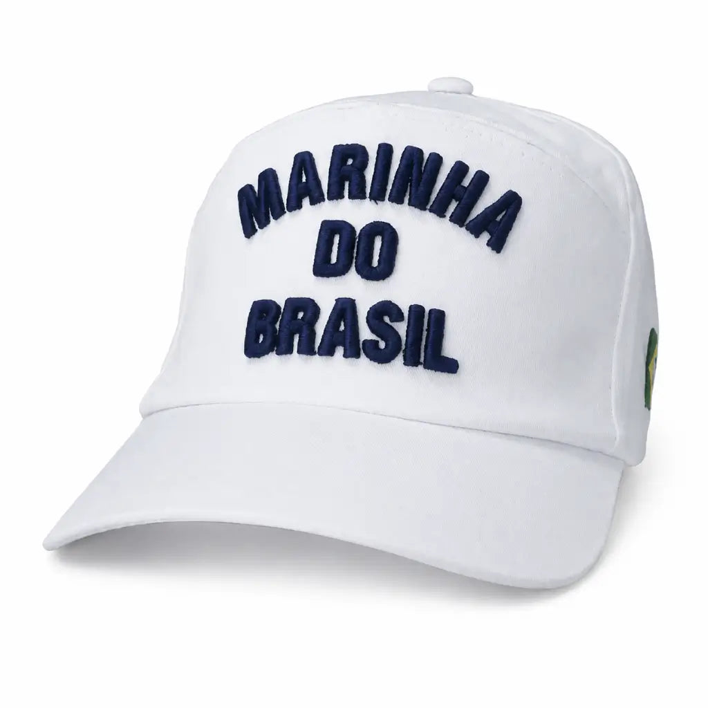 Boné branco com bordado MARINHA DO BRASIL azul e bandeira do Brasil lateral