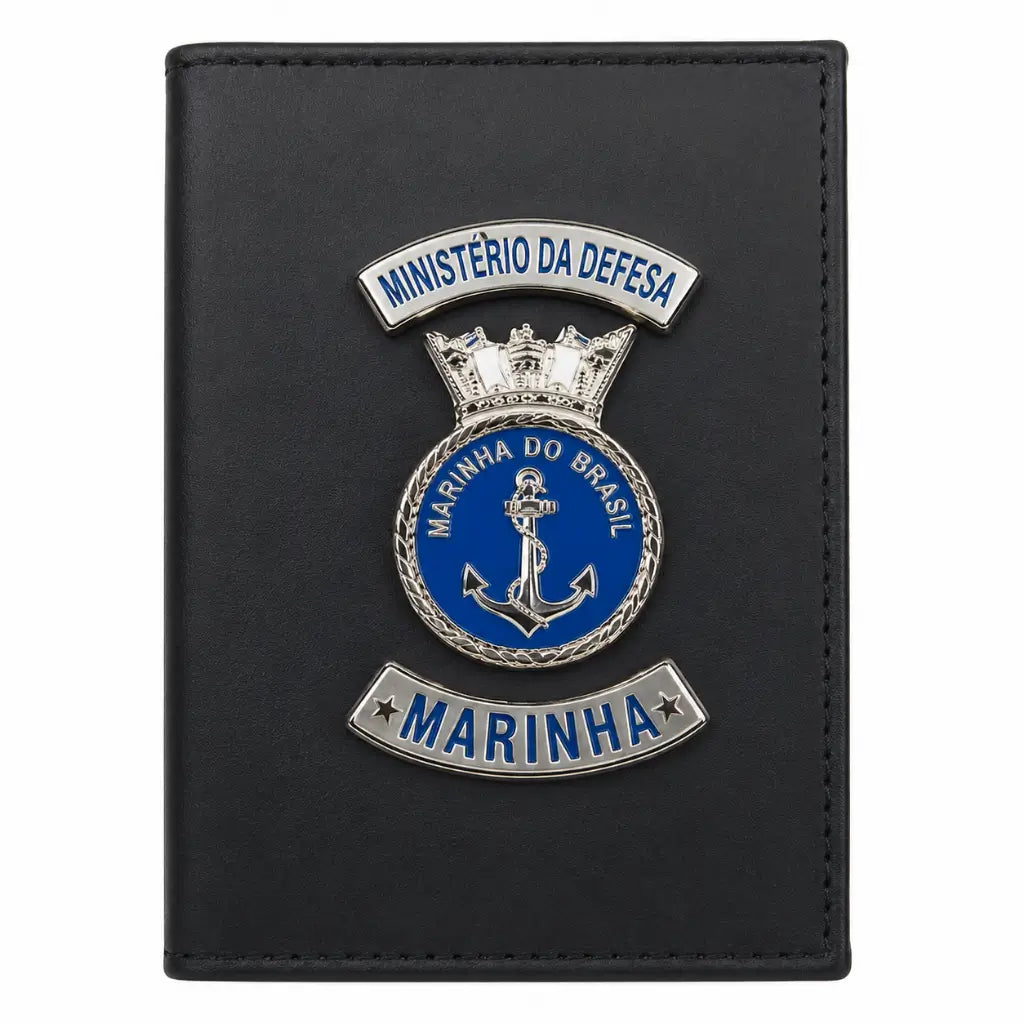 Carteira Marinha Preta preta com emblema prateado da Marinha do Brasil e âncora