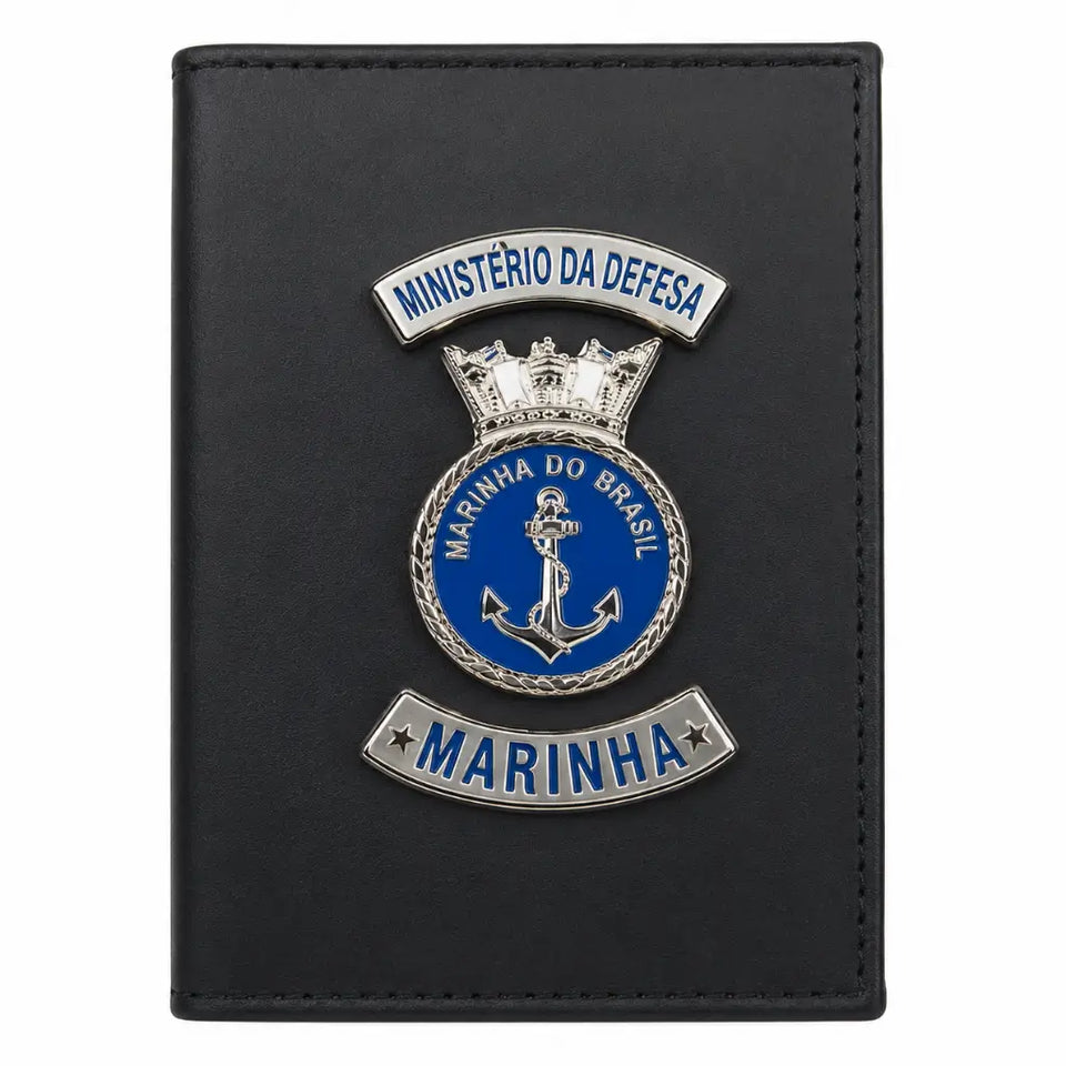 Carteira Marinha Preta preta com emblema prateado da Marinha do Brasil e âncora