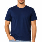 Camiseta Algodão Azul Noite Marinha azul-marinho com decote redondo e mão na cintura