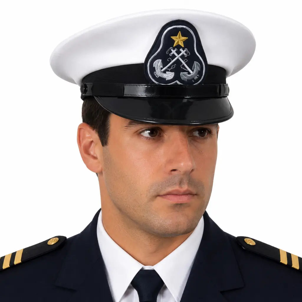 Homem em uniforme de marinha, chapéu branco com emblema de âncoras cruzadas e estrela