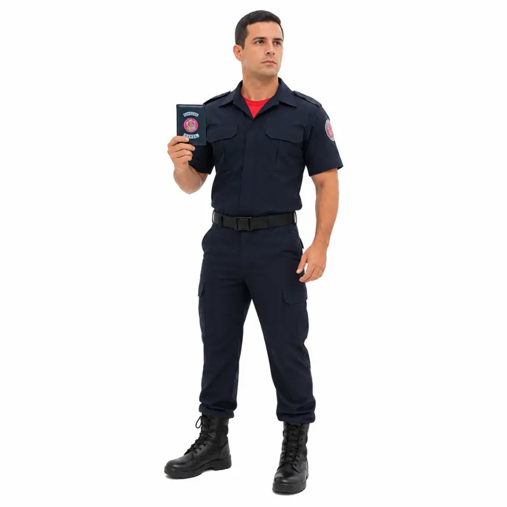 Carteira Bombeiro Civil Preta na mão esquerda de bombeiro em uniforme azul escuro