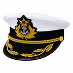 Boné oficial naval branco com aba preta, corda trançada dourada e âncora