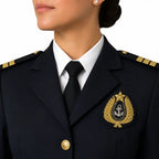 Mulher em uniforme azul marinho com insígnia dourada de âncora cercada por ramos