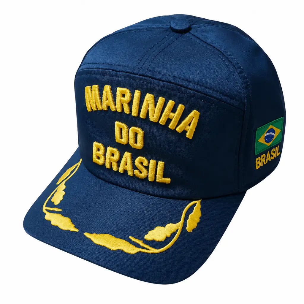 Boné microfibra azul marinho com MARINHA DO BRASIL bordado dourado e emblema lateral