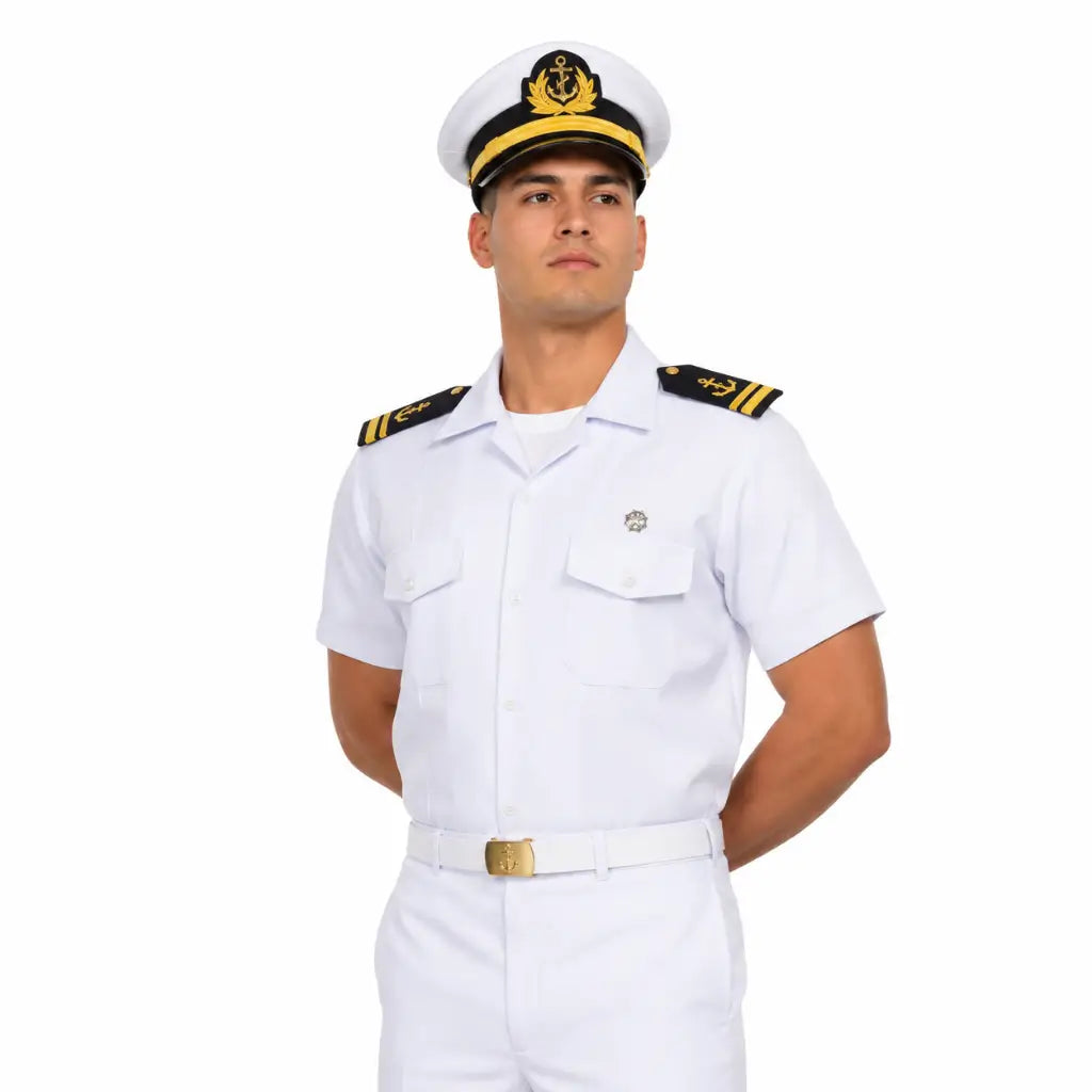 Jovem oficial da marinha em uniforme branco, boné com faixa preta e detalhes dourados