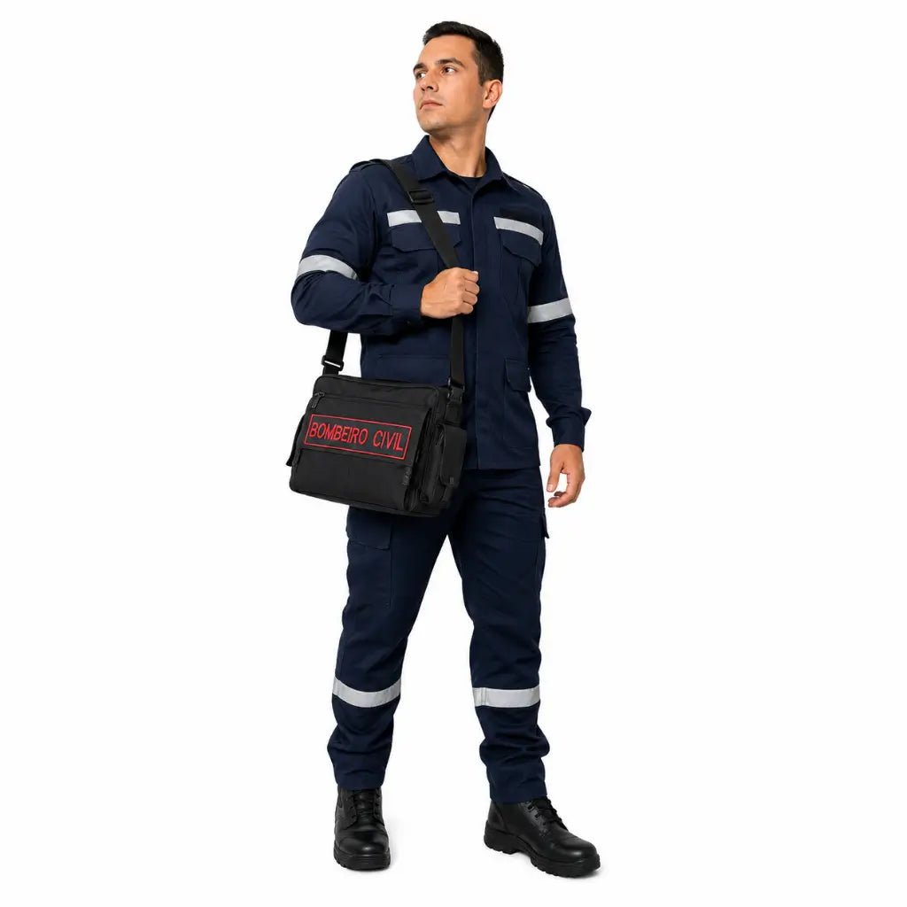Homem bombeiro civil em uniforme escuro com faixas refletivas e bolsa preta
