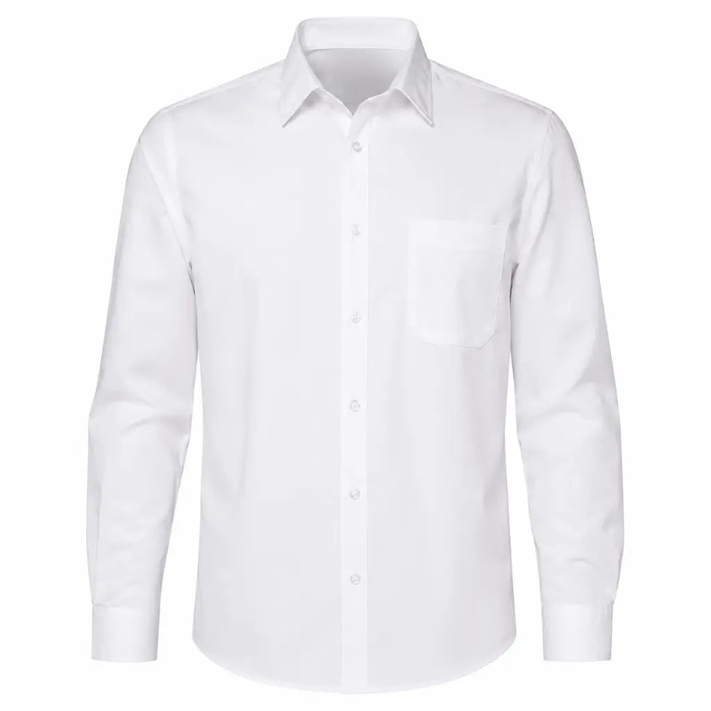 Camisa Social Manga Longa Branca Marinha com colarinho estruturado, botões e bolso no peito