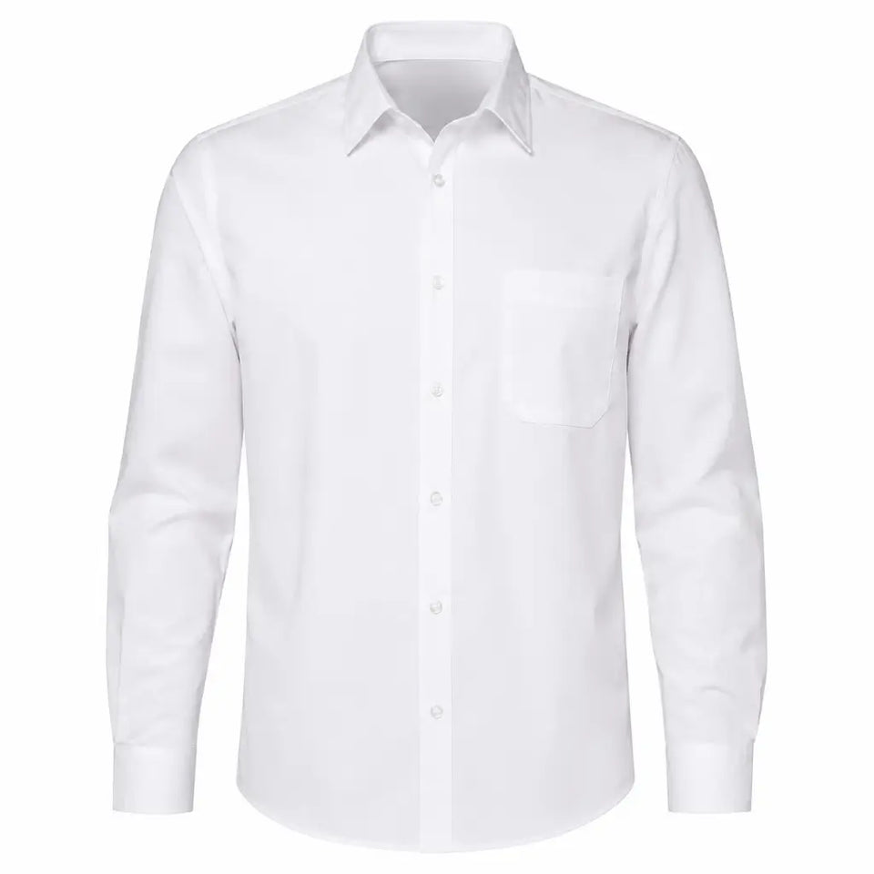 Camisa Social Manga Longa Branca Marinha com colarinho estruturado, botões e bolso no peito