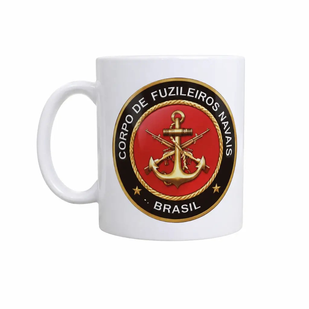 Caneca Fuzileiro Naval branca com emblema do Corpo de Fuzileiros Navais do Brasil