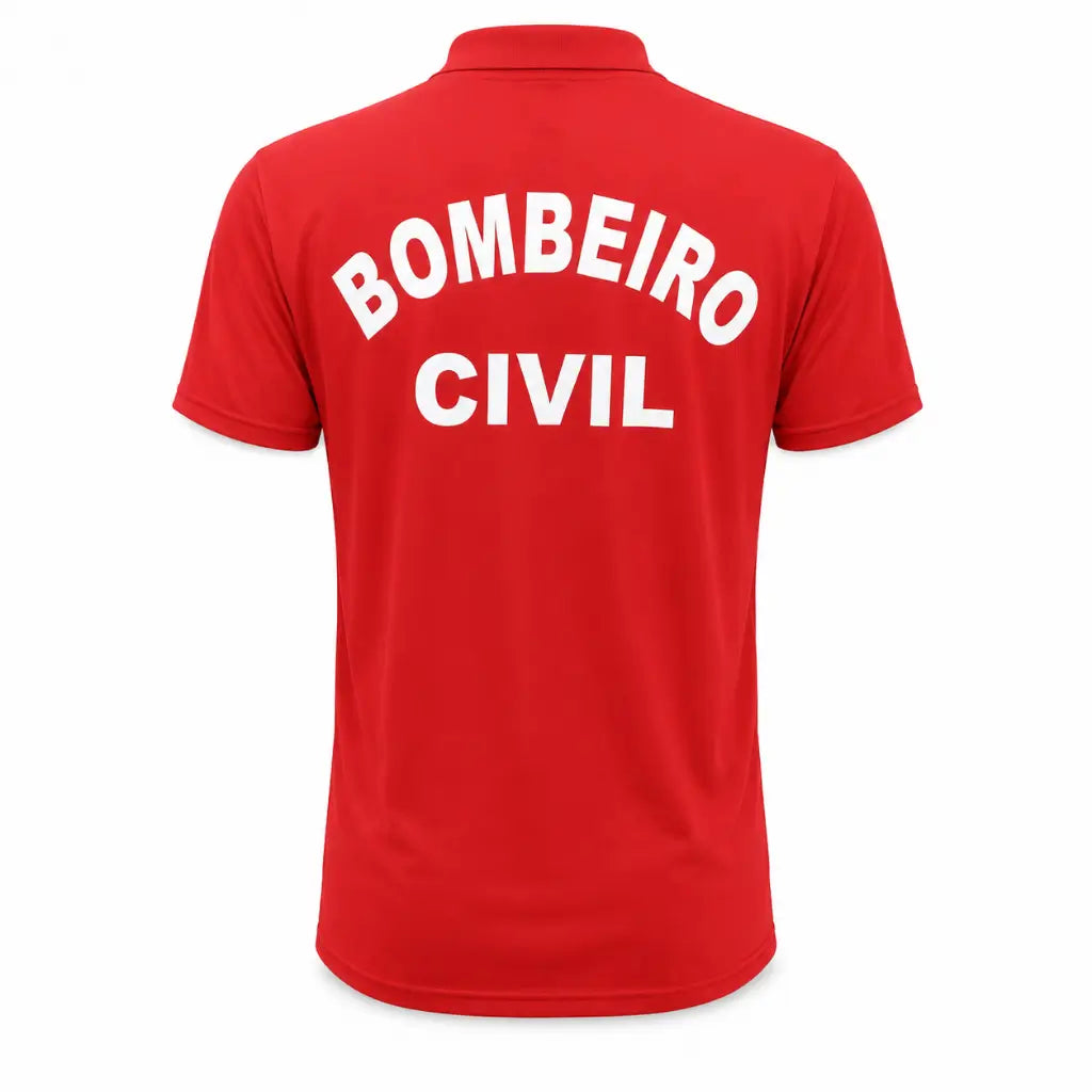 Camiseta Vermelha Bombeiro Civil RJ polo de costas com texto BOMBEIRO CIVIL