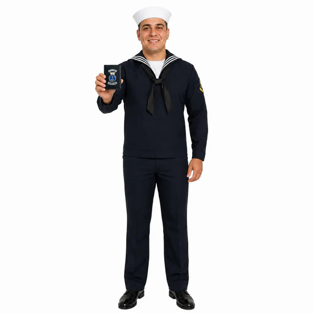 Marinheiro de uniforme azul segurando Carteira Marinha Preta com emblema