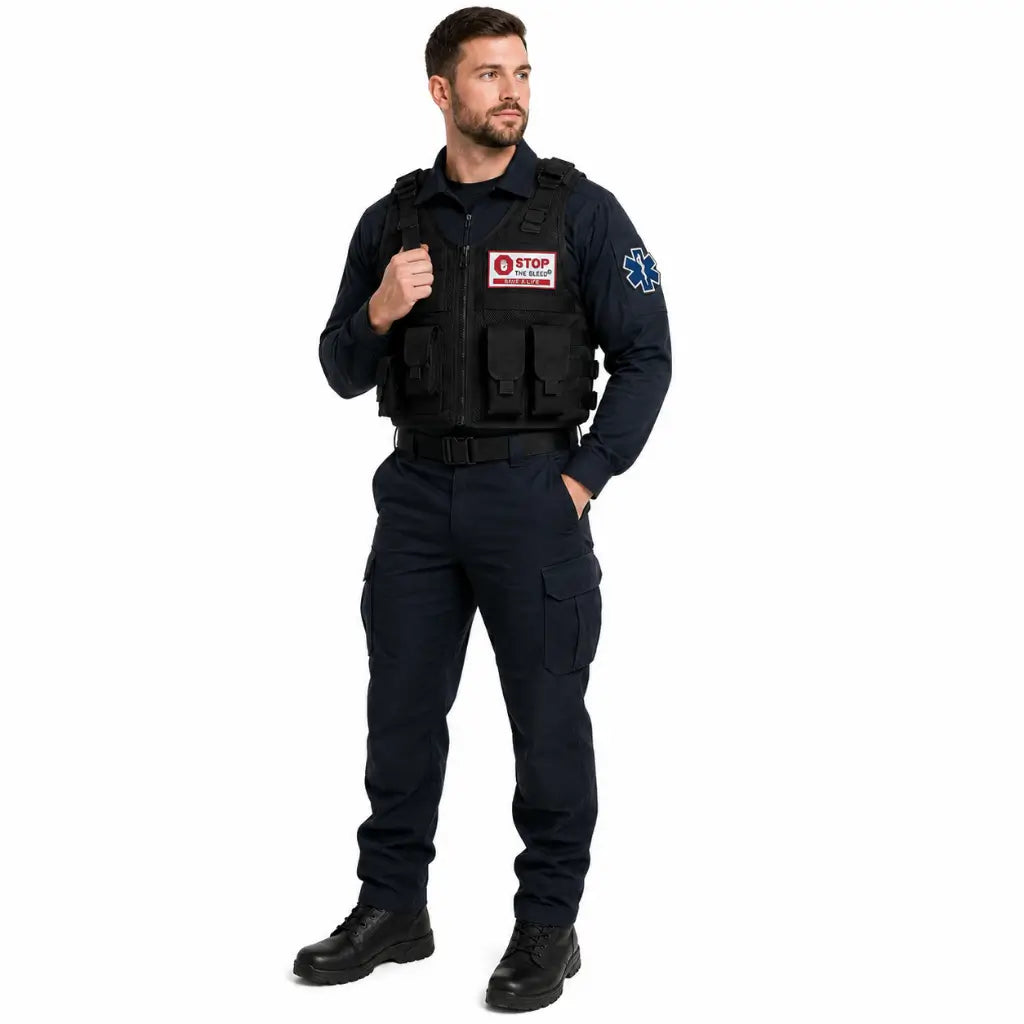Homem em uniforme tático com colete preto e patch Stop The Bleed