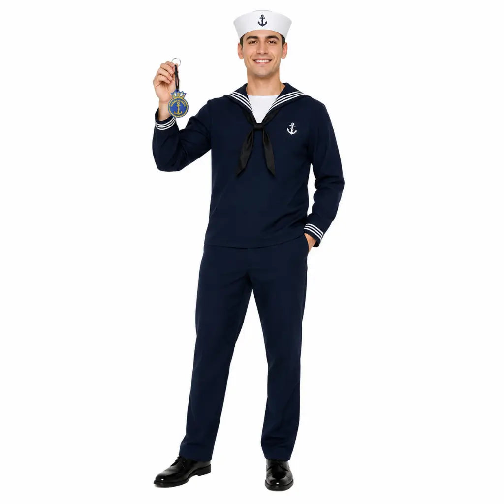 Homem de uniforme de marinheiro navy segurando Chaveiro Marinha Coroa com emblema da Marinha