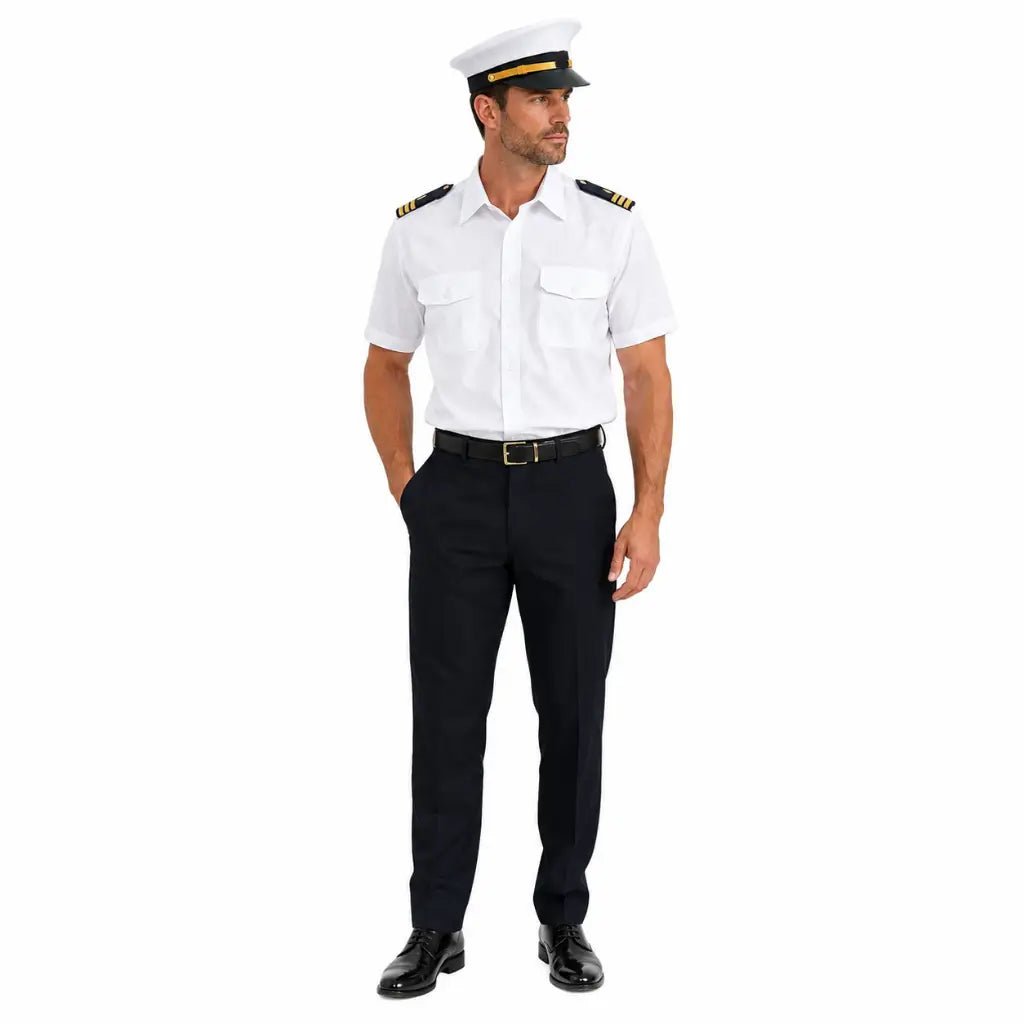 Homem de uniforme de piloto com Capa Branca Quepe Masculino Marinha boné branco e faixa preta