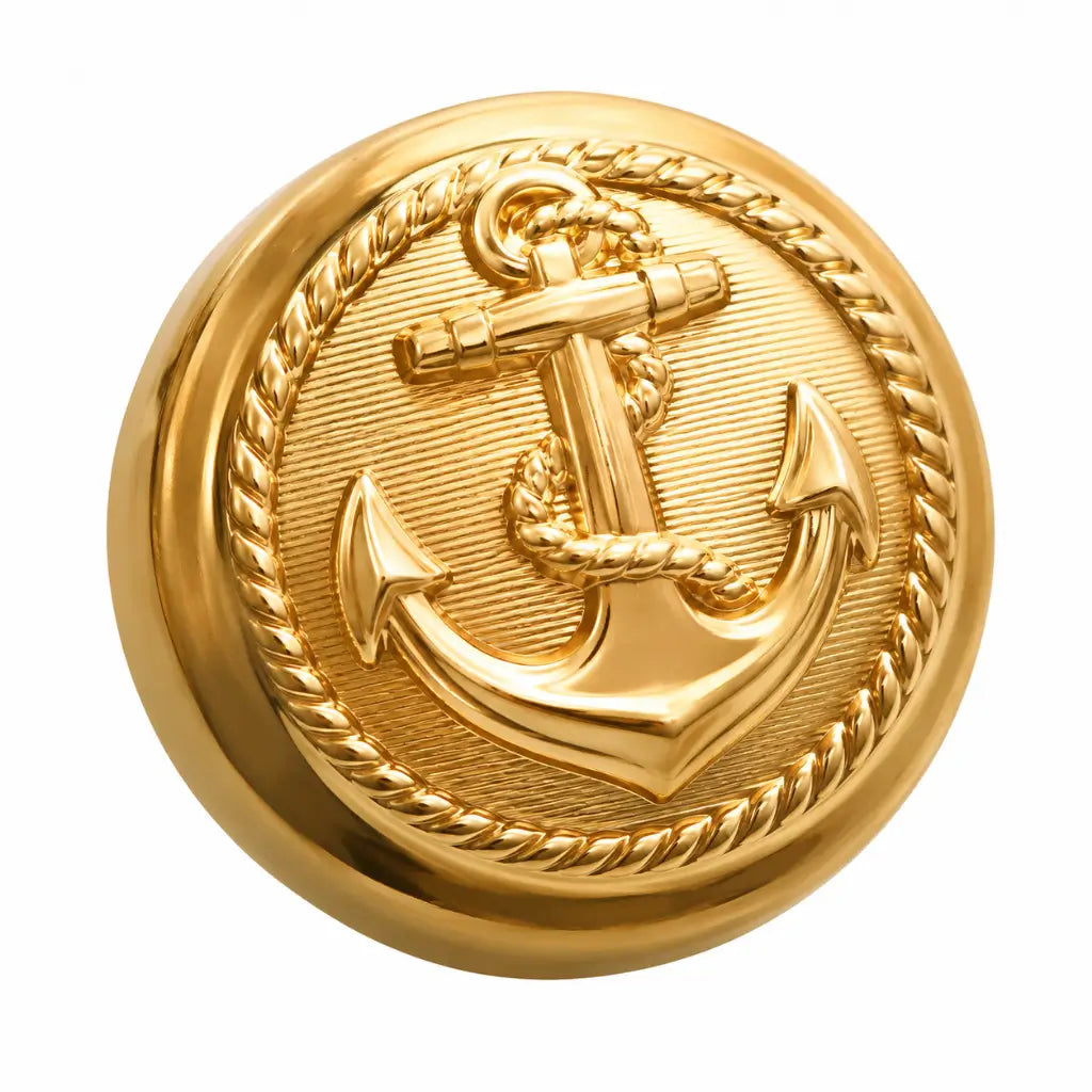 Botão dourado circular 20 mm com âncora em relevo e padrão náutico Marinha do Brasil