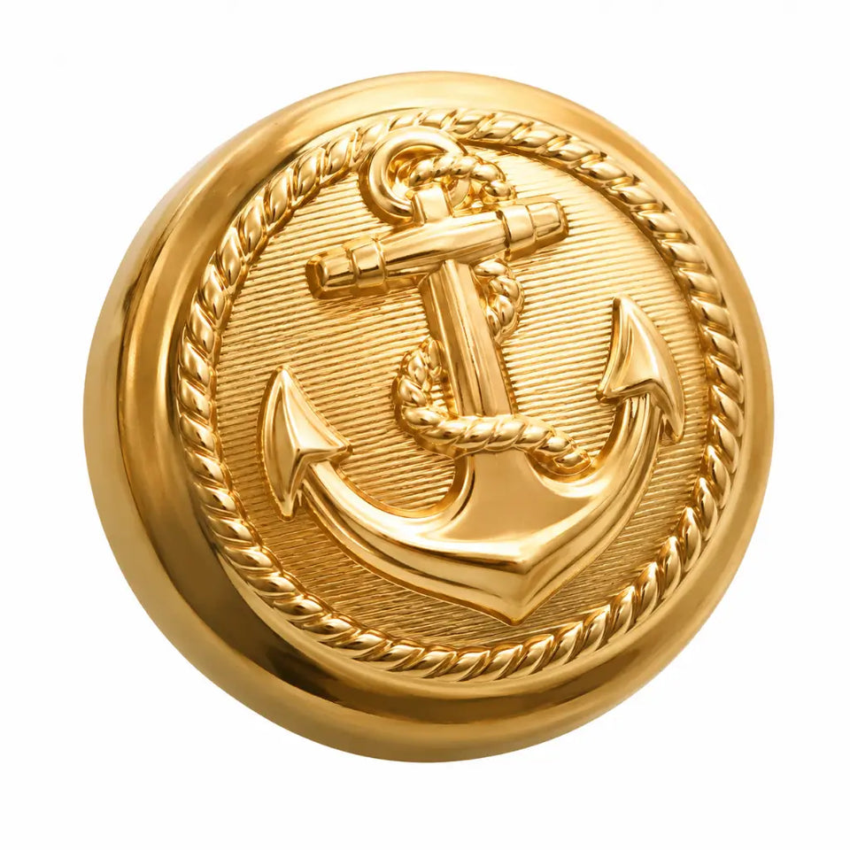 Botão dourado circular 20 mm com âncora em relevo e padrão náutico Marinha do Brasil