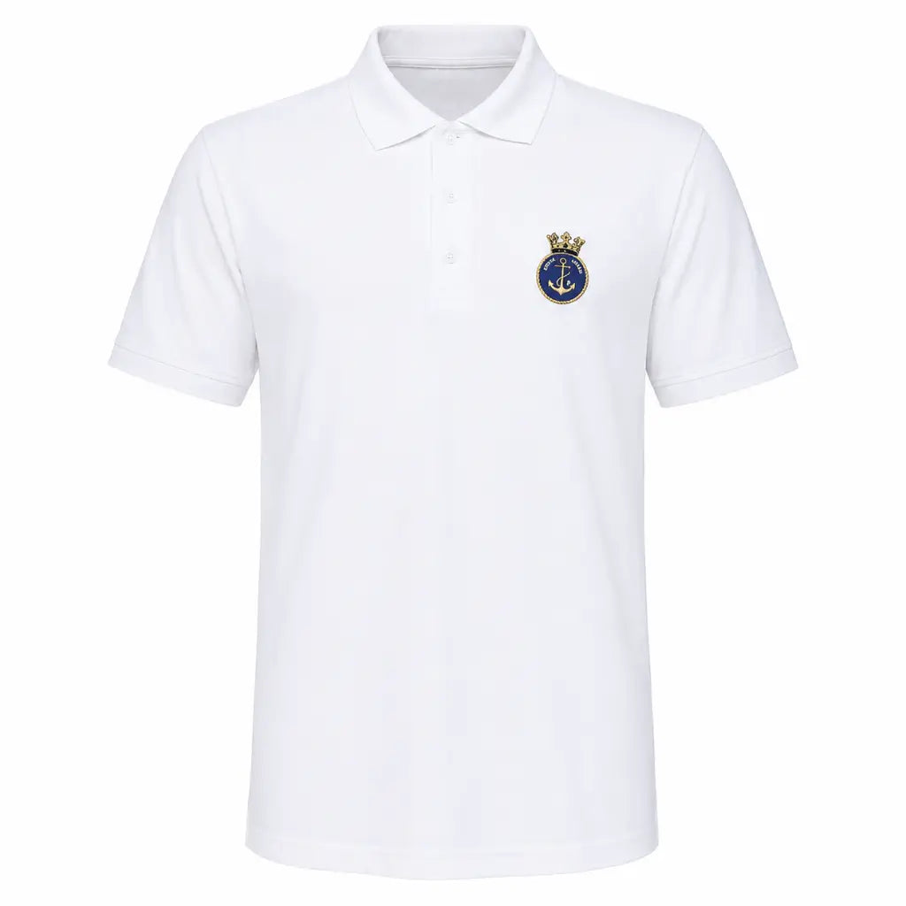 Camisa Polo Branca Bordada Marinha do Brasil emblema azul com âncora dourada e coroa na frente