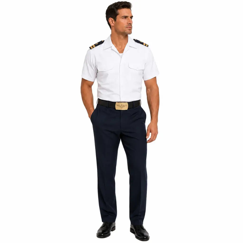 Uniforme piloto marinha com Fivela Latão Dourada Aeronaval e cinto dourado