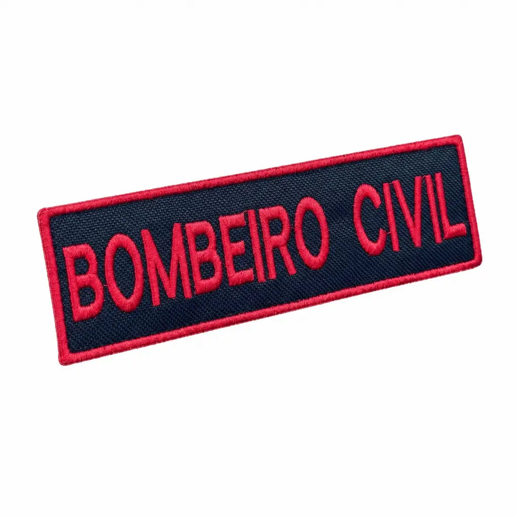 Patch retangular azul escuro com bordas vermelhas e BOMBEIRO CIVIL