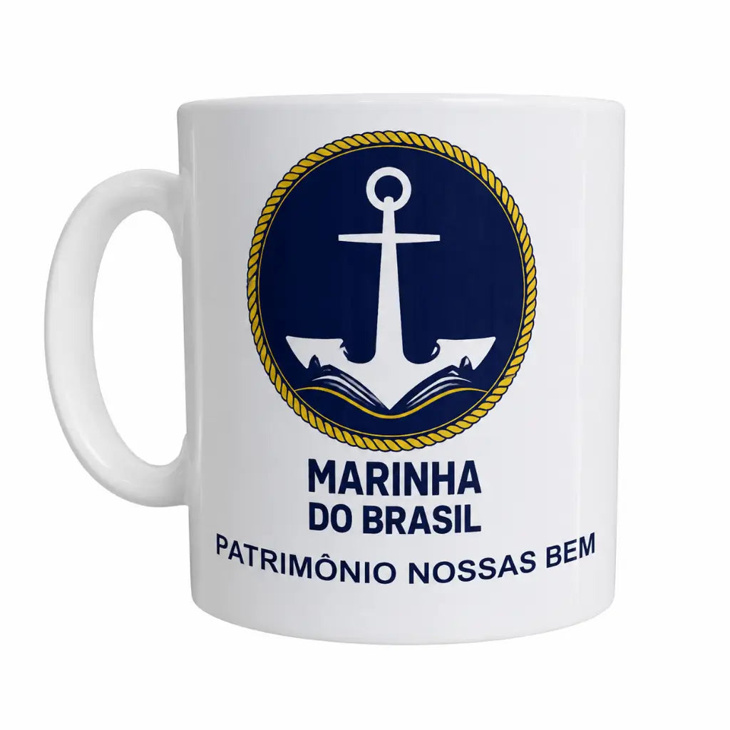 Caneca Marinha do Brasil branca com alça; emblema azul dourado com âncora e ondas