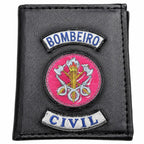 Carteira Bombeiro Civil Preta em couro preto com emblema rosa BOMBEIRO CIVIL e machadinhas