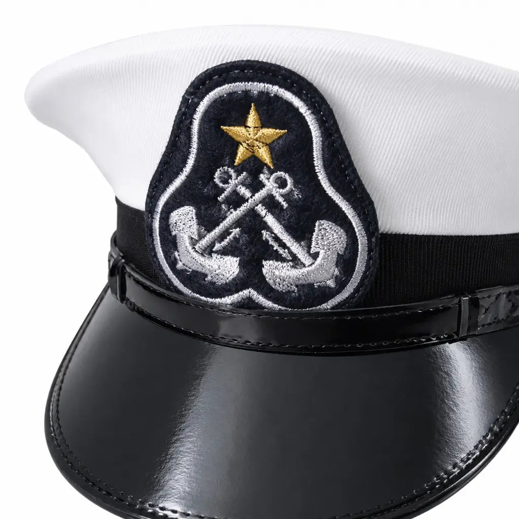 Boné naval branco com aba preta, emblema azul com âncoras cruzadas e estrela dourada