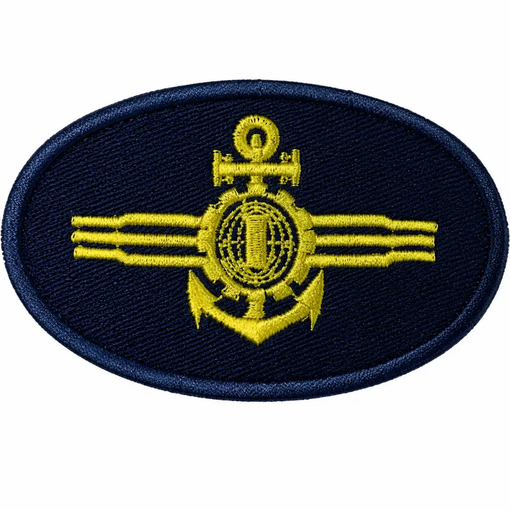 Patch oval azul-marinho com âncora, círculo radial e linhas amarelas