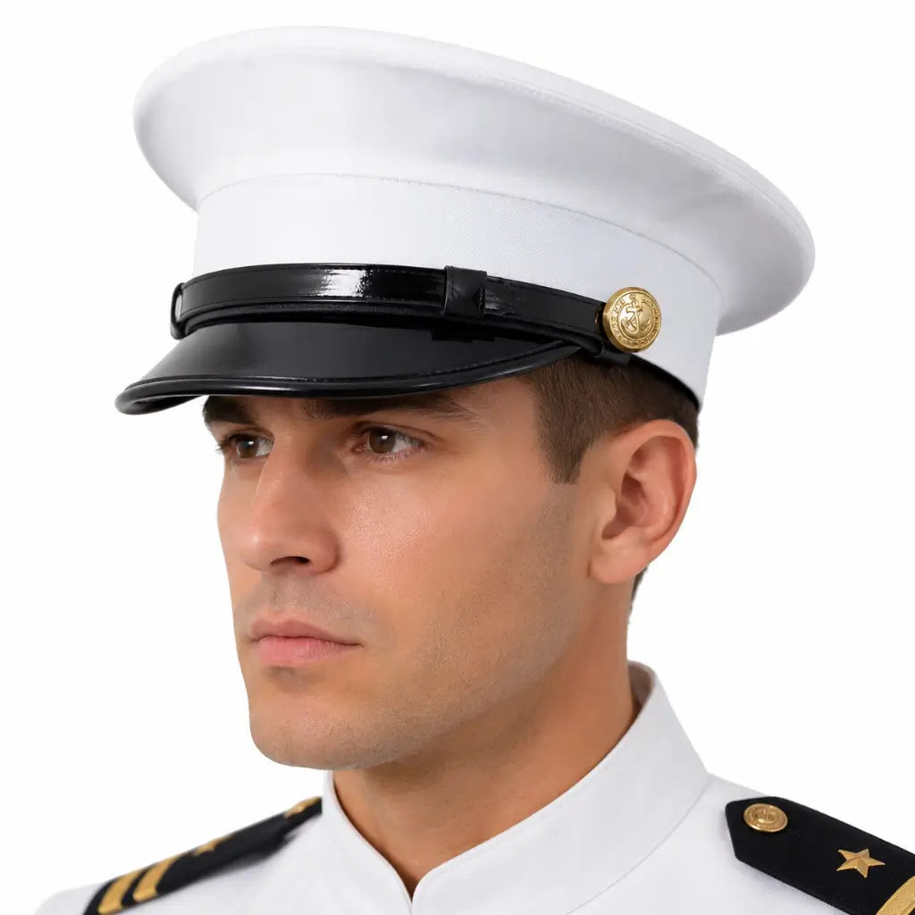 Quepe Botão Banhado MB (Par) Marinha do Brasil no quepe branco com botão dourado
