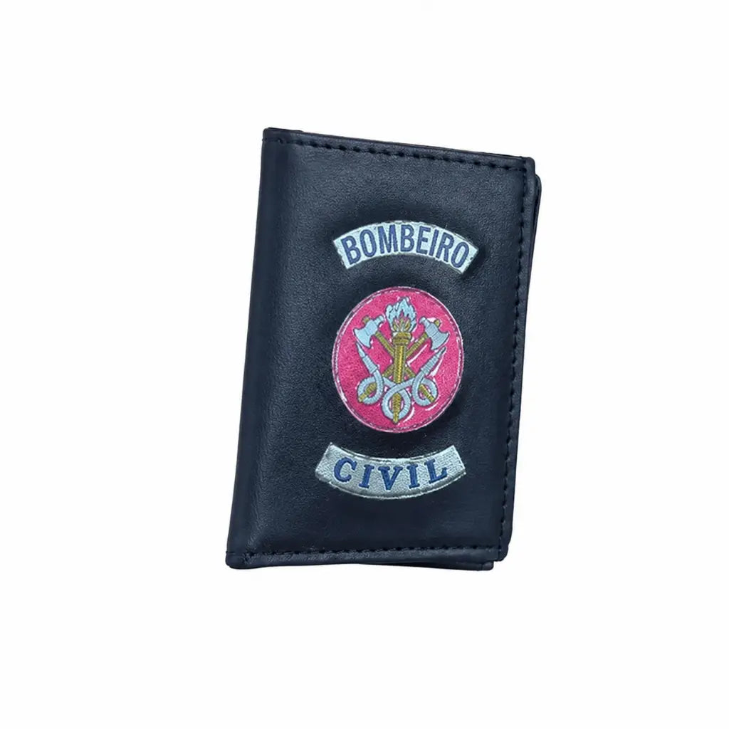 Carteira Bombeiro Civil Preta porta-documentos couro preto com emblema BOMBEIRO CIVIL rosa e mangueiras