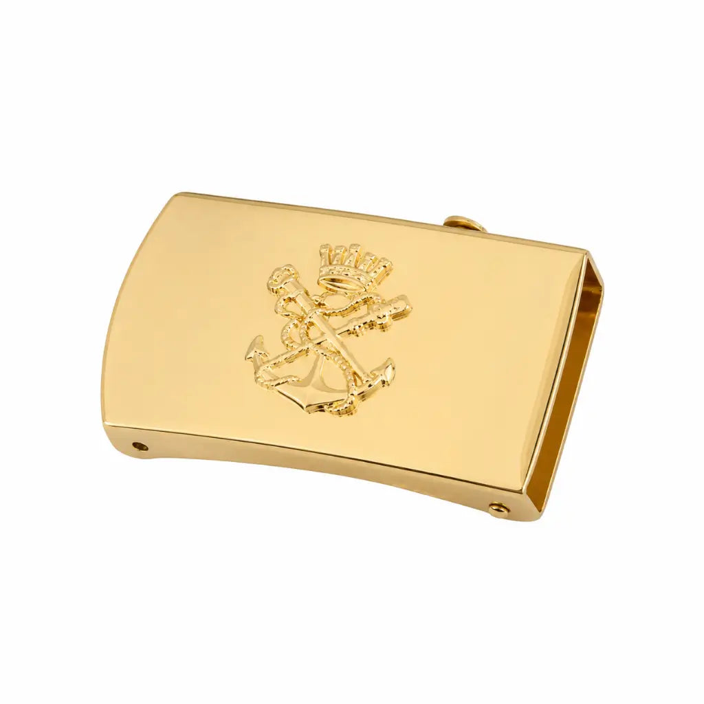 Acessório dourado retangular com emblema de âncora e coroa: Fivela Latão Dourada Capitania Uniforme Marinha