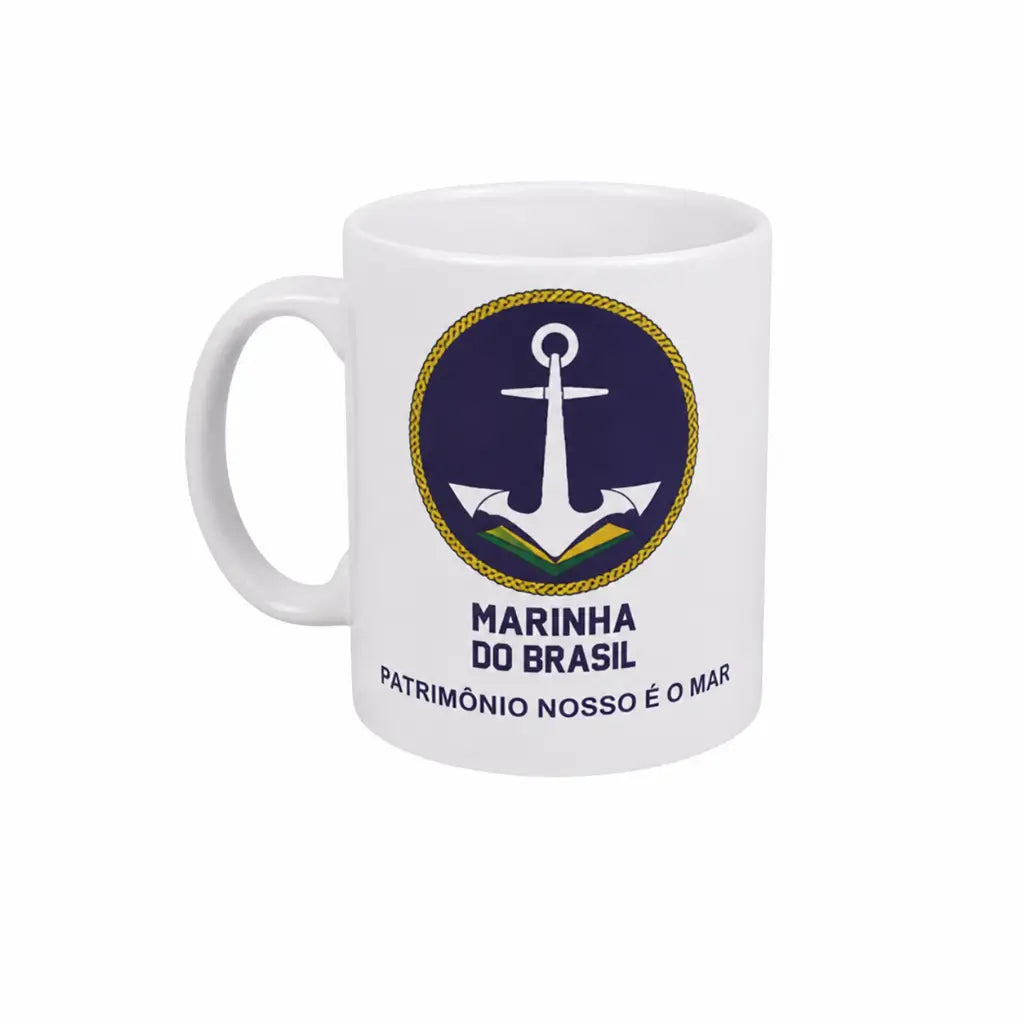 Caneca Marinha do Brasil branca com emblema circular azul, âncora clara e corda amarela