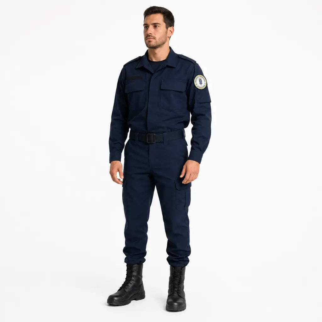 Homem de uniforme azul-marinho com insígnia da Bolacha Emborrachada Marinha no braço