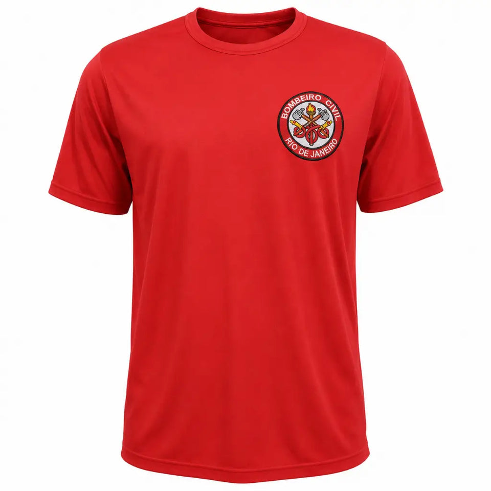 Camiseta Vermelha Bombeiro Civil RJ vermelha com emblema circular no peito