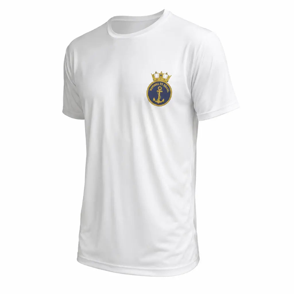 Camisa Dryfit Branca Sublimada Marinha com emblema Marinha do Brasil e âncora dourada no peito
