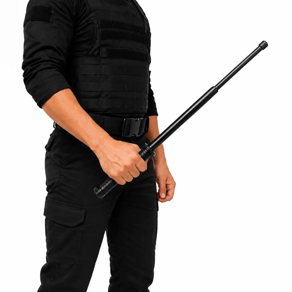 Homem com colete tático preto segura bastão retrátil bélica em polímero