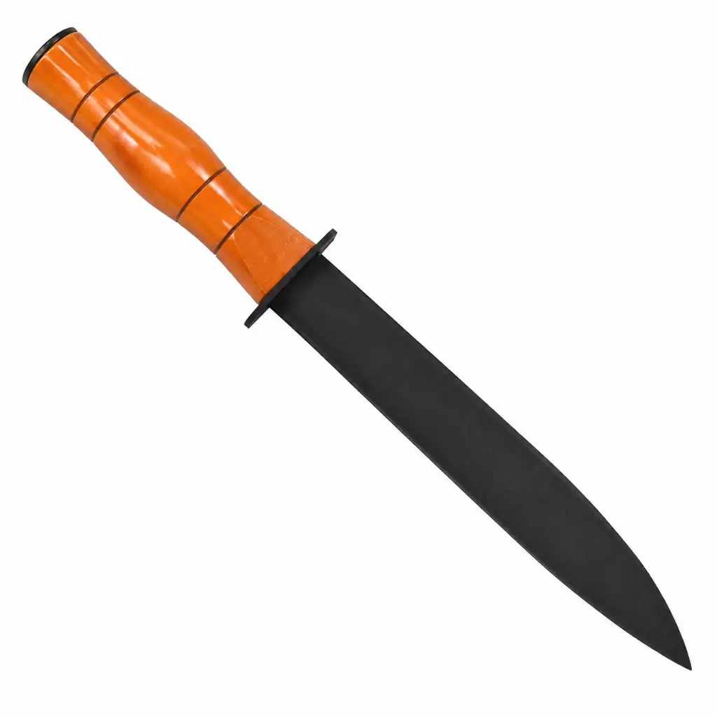 Faca Belica MK2 com guarda-mão preta, lâmina preta e cabo laranja com anéis