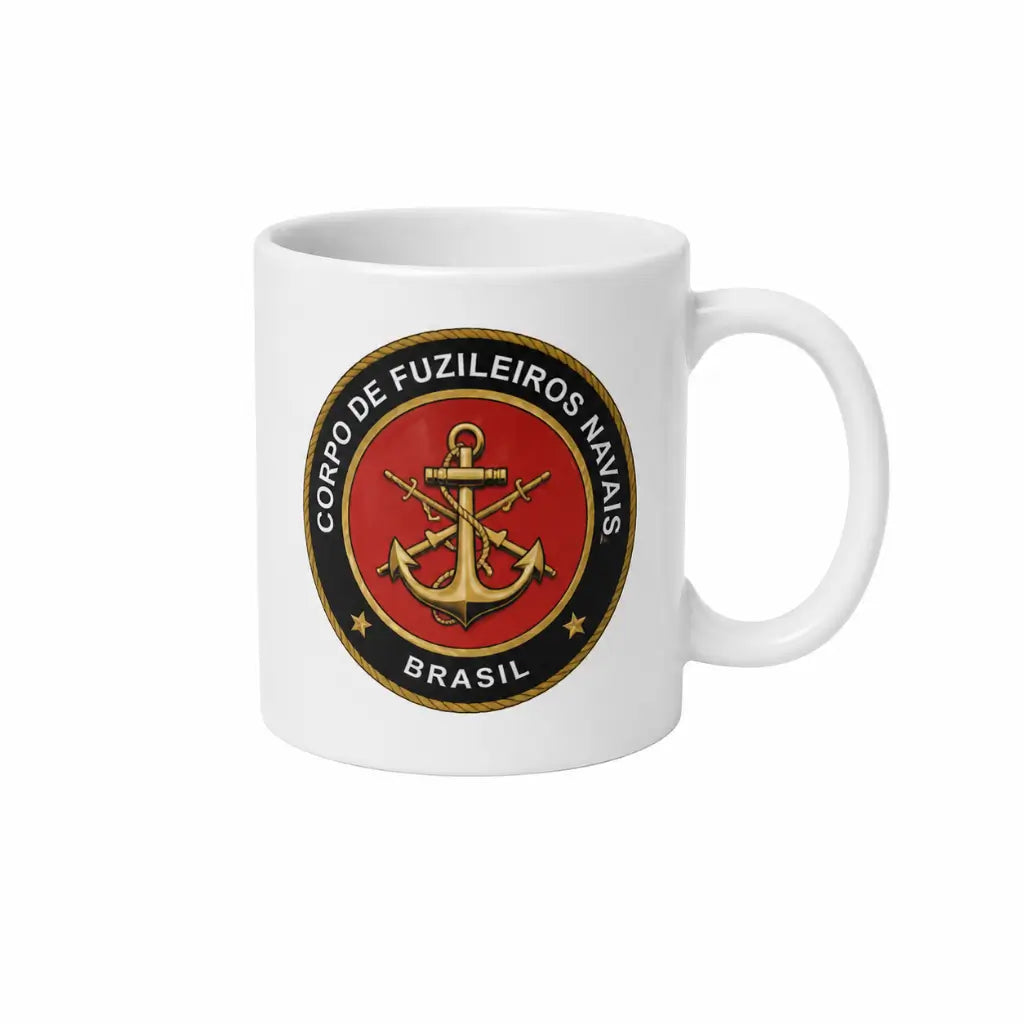 Caneca Fuzileiro Naval em close-up com emblema Fuzileiros Navais Brasil, âncora dourada e corda