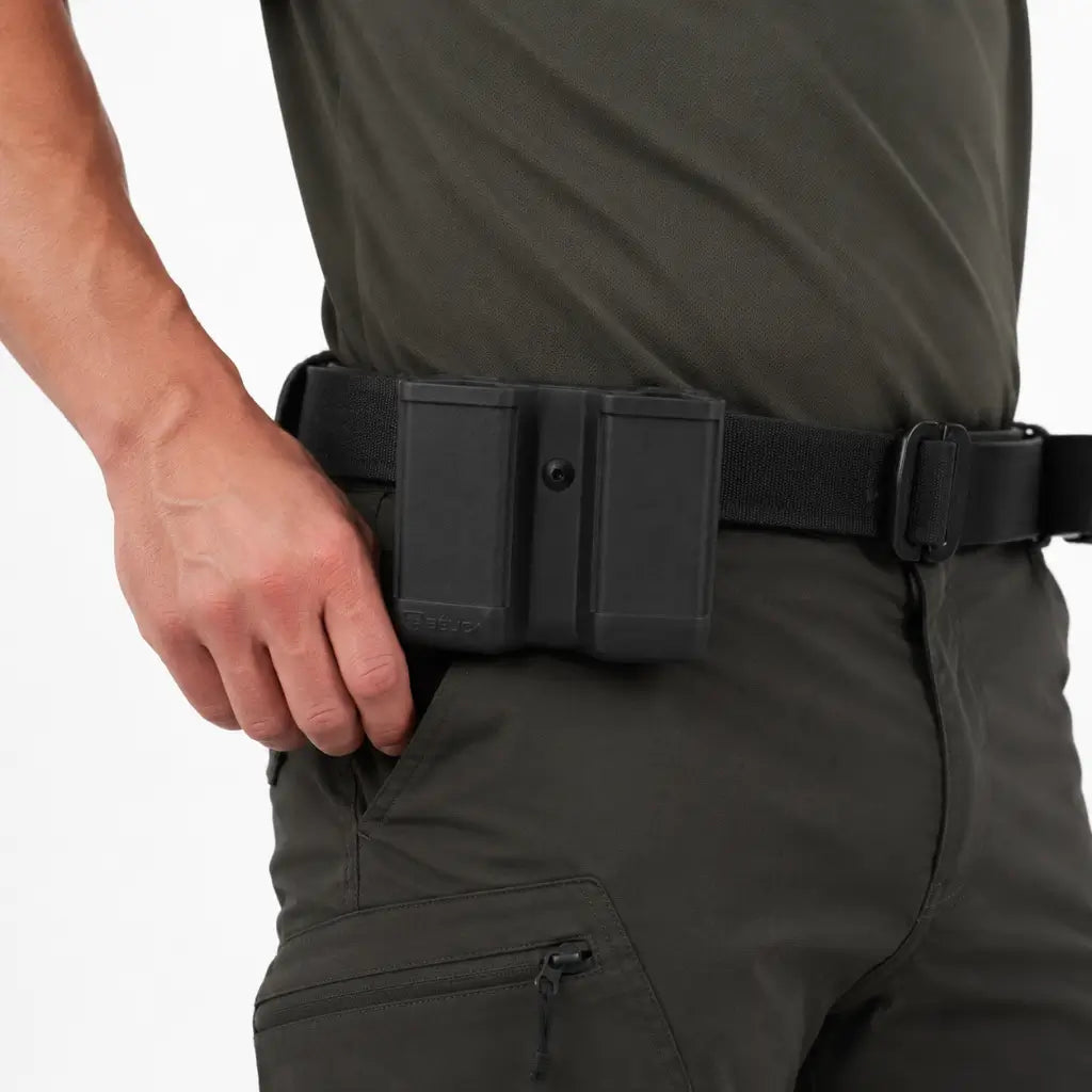 Homem de calça verde oliva com Belica Porta Carregador Duplo preto no cinto
