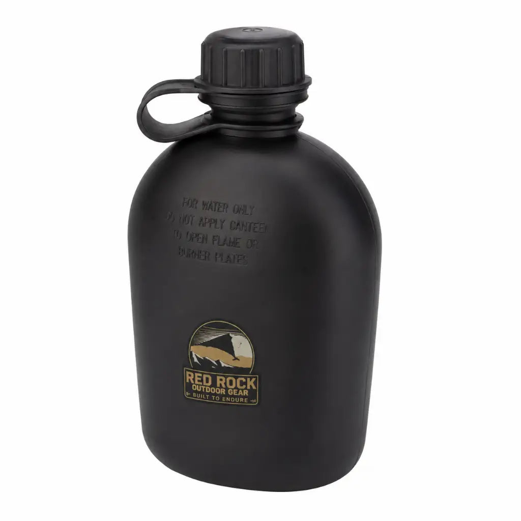 Cantil Militar Preto preto com tampa rosqueada e texto FOR WATER ONLY BUILT TO ENDURE